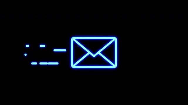 Mail email message sending envelope animation with speed lines. Neon envelope icon, newsletter, mailing, digital communication. Sending email service animation, outline motion graphic.