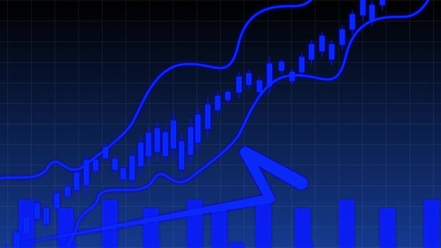 Blue candlestick chart displaying a strong bullish uptrend with moving average lines and a large upward arrow, symbolizing financial growth, profit, and successful stock market trading.