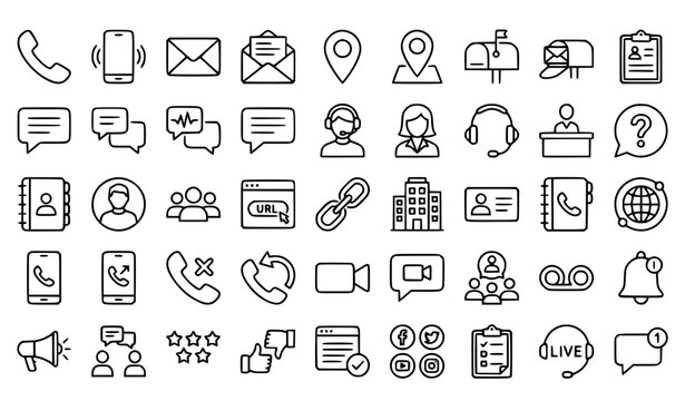 Contact and Customer Service Outline Icon Set with Phone Chat Email Support and Communication Symbols