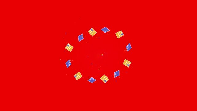 Circular motion graphic animation of graduation caps and diploma scrolls