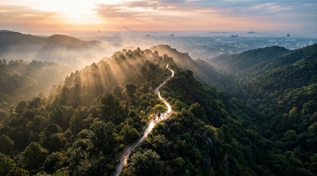 landscape sunset nature mountain sunrise hiking path trail morning light sun fog mist forest tree hills valley scenic view outdoors adventure exploration travel destination horizon