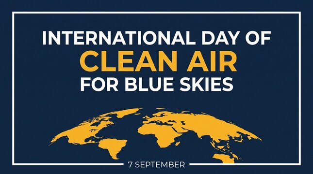International Day of Clean Air for Blue Skies poster displays a golden map of the world against a dark blue background to promote global environmental awareness and pollution reduction initiatives.