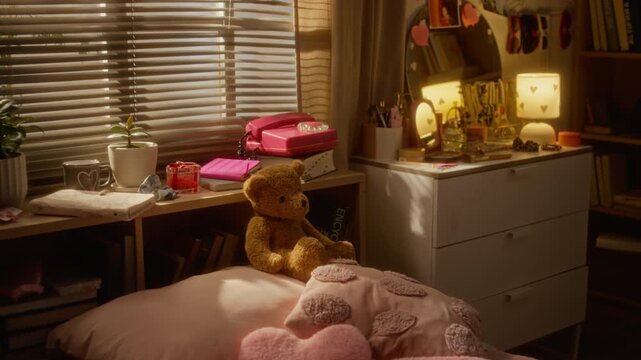 Teenager bedroom interior displaying teddy bear on pillow, pink rotary phone, and vanity mirror with sunlight filtering through window blinds. Clip is perfect for youth lifestyle commercials