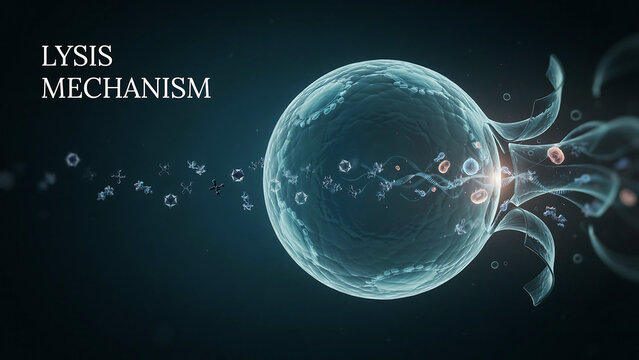 Scientific visualization of cell lysis mechanism showing viral infection and particle release