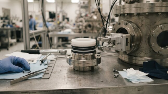 Semiconductor vacuum sealing components beside a process chamber with O-rings, v-pack rings, flange, and robotic gripper.