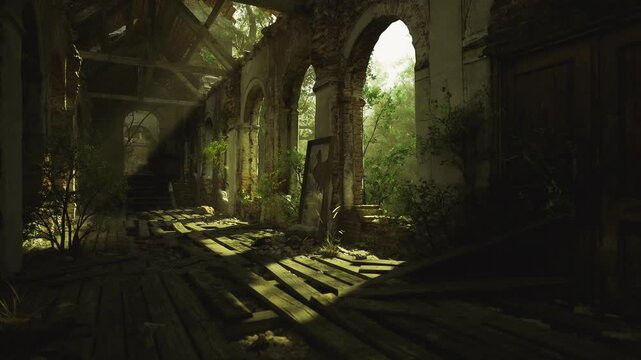 Explorer discovery scene in sunlit atrium with broken tiles and vine covered arches, scattered notebook and tools suggesting careful documentation and reverent
