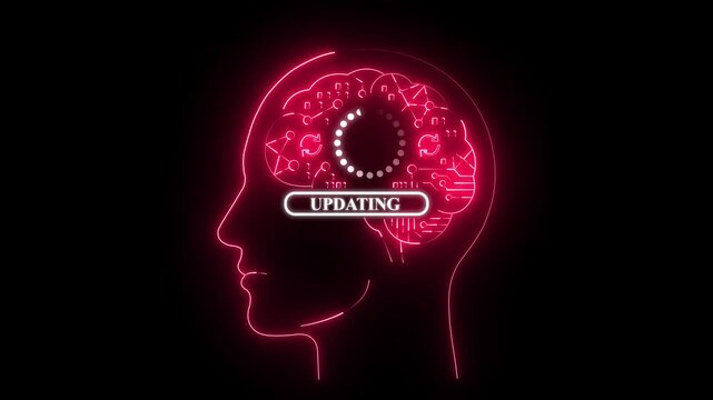 Neon brain update interface in human head silhouette