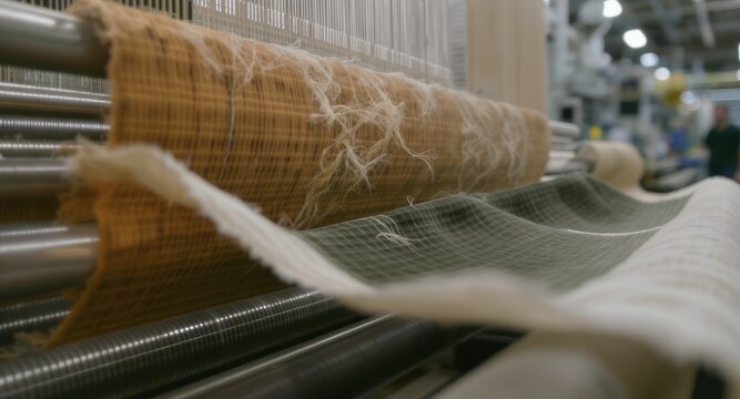 Circular Textile Production: Recycled fabric moving through an eco-friendly textile manufacturing process 