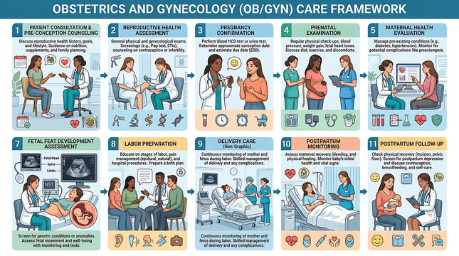 Obstetrics and Gynecology Care Framework: 11-Step OB/GYN Patient Journey, Medical Infographic, Healthcare Information