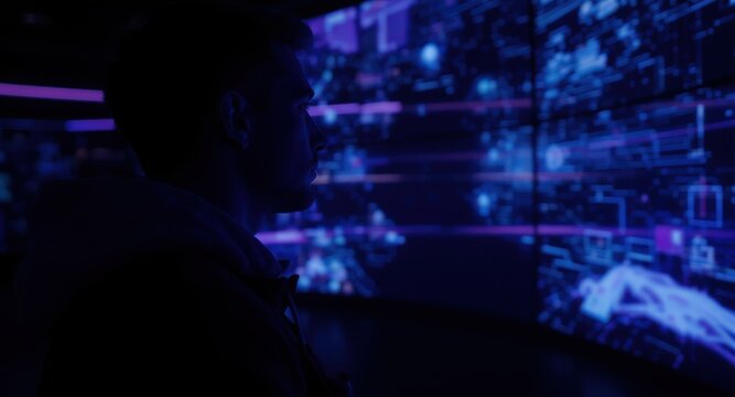 Immersive Technology: Person silhouette viewing a panoramic digital screen wall inside an interactive exhibition 