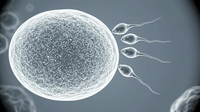 One large healthy human ovum with three small sperm cells slowly approaching the outer membrane