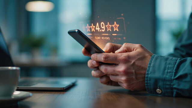 Person holding a smartphone displaying a glowing four point nine star rating with review count with showing digital holographic overlay high star