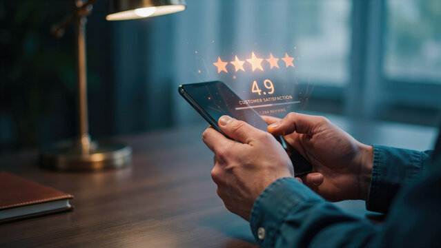 Person holding a smartphone with a holographic customer satisfaction rating display in a dimly lit office environment with uses smartphone with review