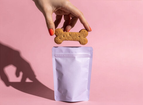 Woman's hand holding bone-shaped dog biscuit over blank stand-up pouch mockup on pink background