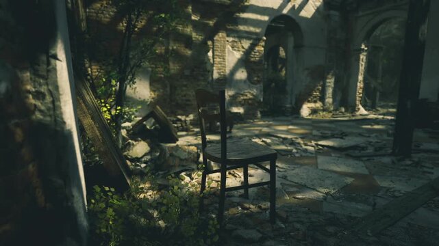 Forgotten study space with empty chair and sunlit floor, scattered debris and cracked tiles evoke past lessons, researcher imagining lost classroom atmosphere
