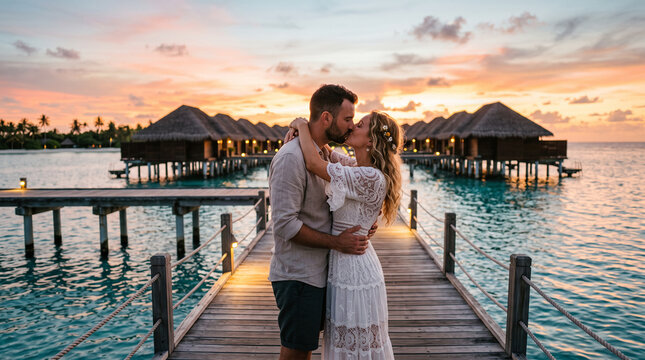 Romantic couple embracing and kissing on a wooden boardwalk at a luxury Maldives resort against a warm sunset sky and water villas.