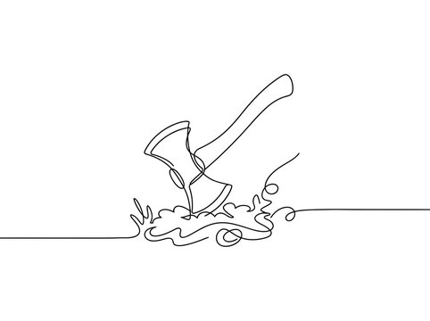 Single line drawing of an axe chopping wood with energetic motion and a minimalist style