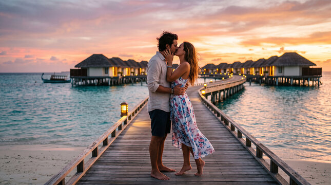 Romantic couple kissing on a wooden pier at a luxury Maldives resort during a stunning sunset, surrounded by overwater villas and ocean water.