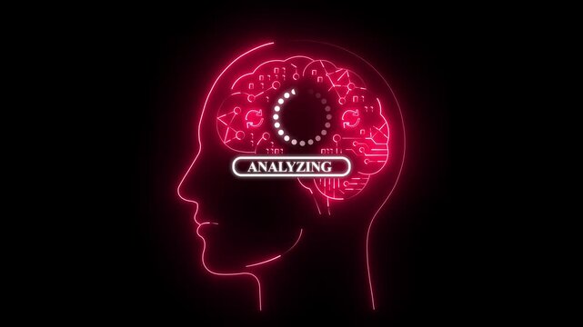 Neon brain silhouette with analyze button glowing inside