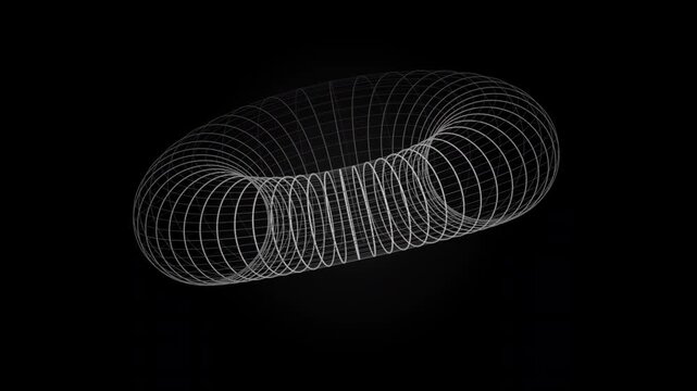 Abstract 4K animation of a detailed three-dimensional wireframe torus rotating continuously around two axes. A dense geometric mesh, depth-based lighting and subtle atmospheric glow