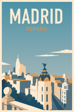 Retro travel poster of Madrid, Spain, featuring the Gran Via skyline, historic architecture and iconic city rooftops in flat vector style.