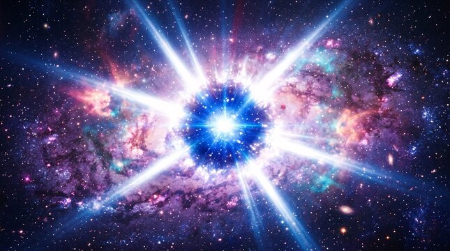 Radiant supernova explosion shoots intense glowing beams of white and blue light across a colorful galaxy of stardust and nebulas.