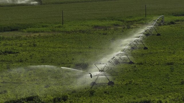 Drone footage captures a large center pivot irrigation system spraying water over lush, sunlit farmland. The wide angle view highlights green fields, modern agriculture, and automated crop watering.