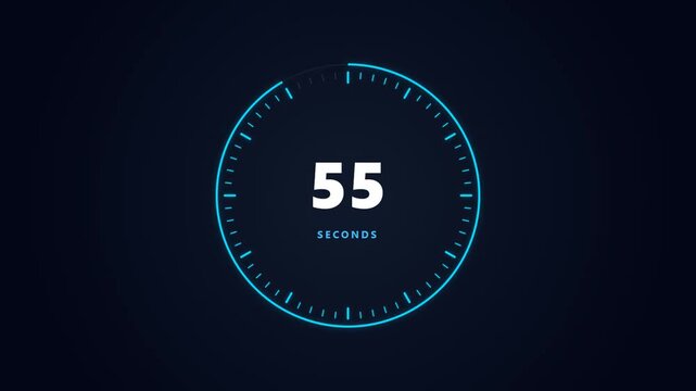 60 Second Futuristic Blue Neon Circular Clock Timer Countdown Dark UI Animation Asset for Gaming Presentation Overlay 4K