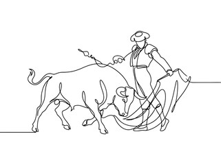 Obraz premium Matador with bull in single line drawing style showing tradition and action with a dramatic mood