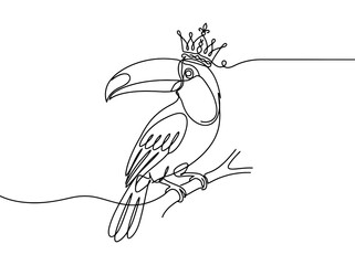 Fototapeta premium A single line drawing of a toucan wearing a crown perched on a branch with a regal mood