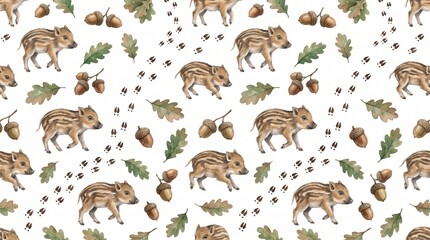 Obraz premium Rustic watercolor baby animal background. animal seamless pattern. Minimalist animal pattern. autumn woodland pattern. Cute piglet watercolor print. rustic baby pattern. Pastel forest wildlife patter