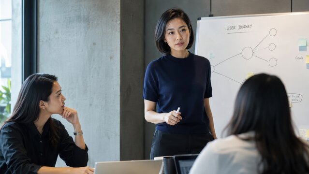 East Asian female founder presents a user journey map to women colleagues, translating customer goals into product pathways during a focused strategy workshop in a minimalist concrete office