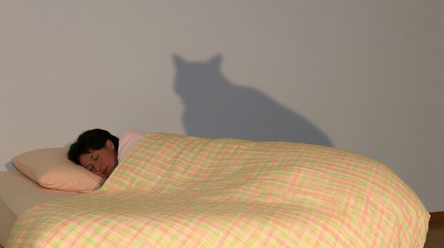 Woman rests peacefully in bed under pastel plaid blanket with mysterious cat shadow on wall. Totem animal