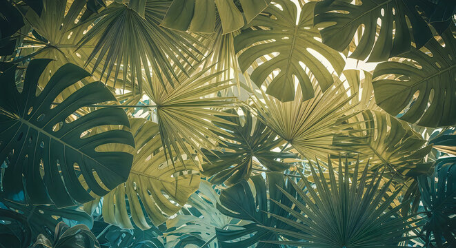 Green tropical palm leaves in dense forest
