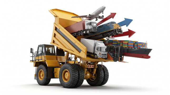 Surreal conceptual logistics image showing a dump truck carrying shipping containers, an airplane, and directional arrows.