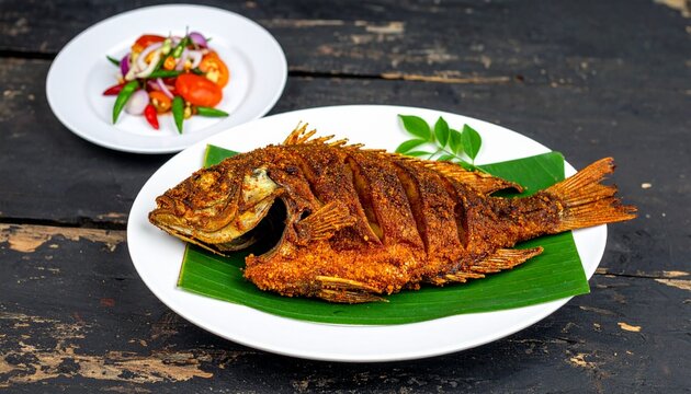 Crispy Deep Fried Whole Fish Served on Banana Leaf with Fresh Spicy Tomato and Chili Vegetable Salad Side Dish on Rustic Dark Wooden Table Background