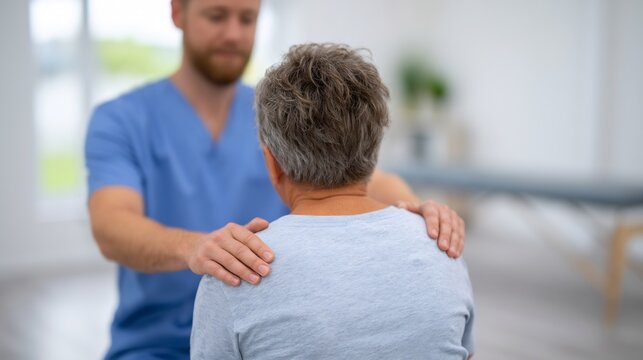 Male physiotherapist treating senior patient shoulders for physical therapy and rehabilitation session
