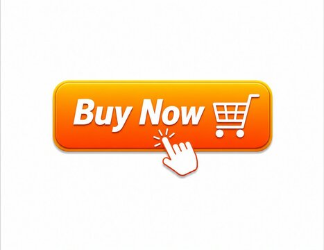 Bright orange buy now button with shopping cart and clickable hand icon