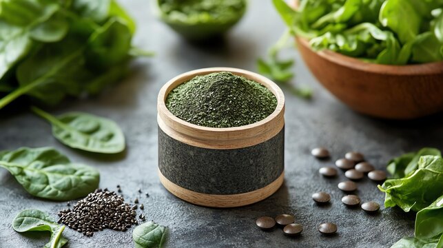 A close-up of a wooden bowl filled with green powder surrounded by fresh spinach leaves and seeds.