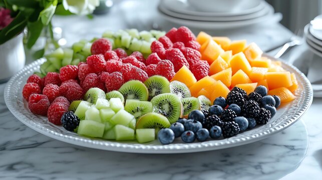 Vibrant and fresh fruit platter featuring an array of berries, melons, and tropical fruits, ideal for healthy snacking.