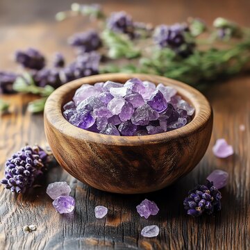 A wooden bowl filled with purple crystals and lavender sprigs, creating a soothing and aromatic ambiance.
