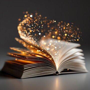 An enchanting open book releases shimmering particles, symbolizing knowledge and wonder in a magical atmosphere.