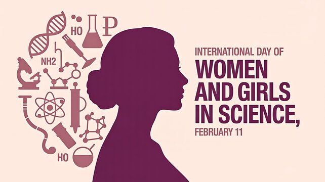 International day of women and girls in science concept with female silhouette and scientific