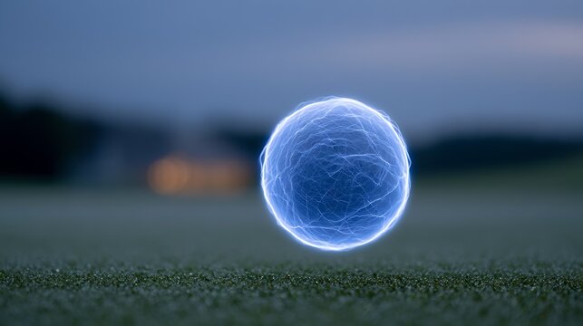 Glowing blue energy orb floating over green grass field at twilight depicting mystical ball lightning phenomenon