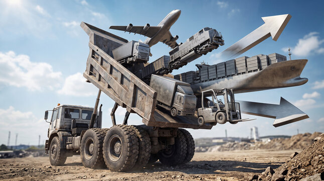 Conceptual dump truck carrying an airplane and vehicles symbolizing heavy multi modal logistics and global transportation.