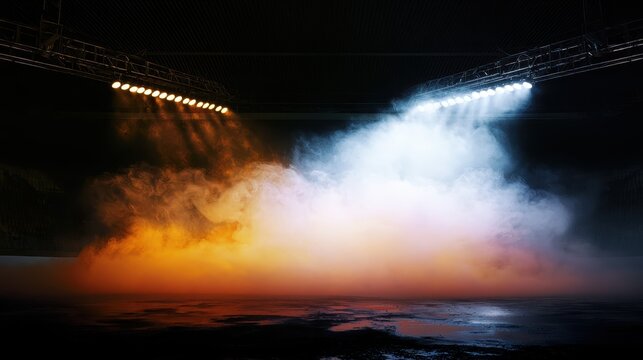 Empty indoor stadium floor at night with dramatic stage lighting and fog effects for events