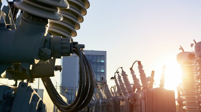 High-voltage electrical substation at sunrise with power lines and transformers in urban skyline backdrop