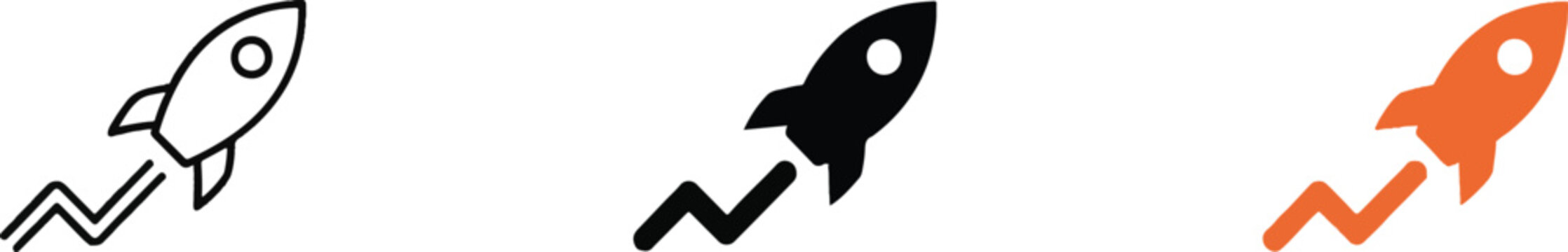 Rocket launch startup vector icon set with growth graph line for business boost development
