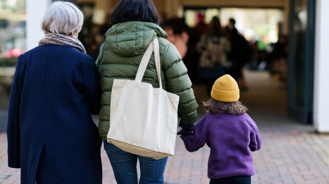 Grandmother, mother, and child walking away holding shopping bags in urban street scene