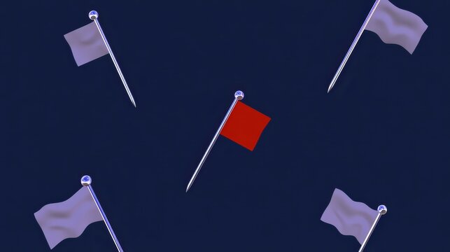 Four floating flag pins on dark background with one highlighted red for selection or voting
